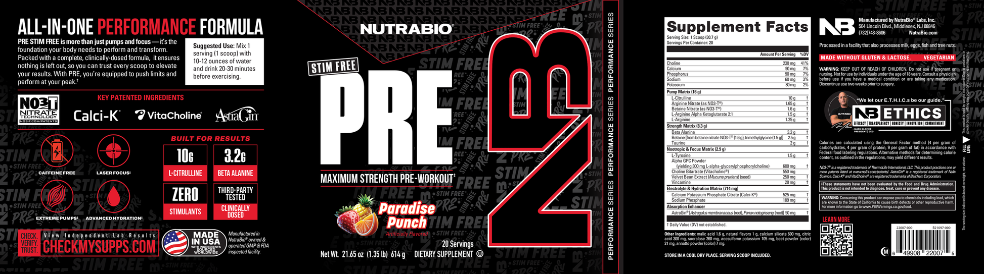 Label for NutraBio PRE Workout Stim Free supplement. Features ingredients, muscle pumps, supplement facts, certifications, benefits, and bold PRE branding in a red, black, and white color scheme.