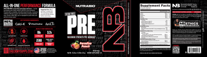 Label for NutraBio PRE Workout Stim Free supplement. Features ingredients, muscle pumps, supplement facts, certifications, benefits, and bold PRE branding in a red, black, and white color scheme.