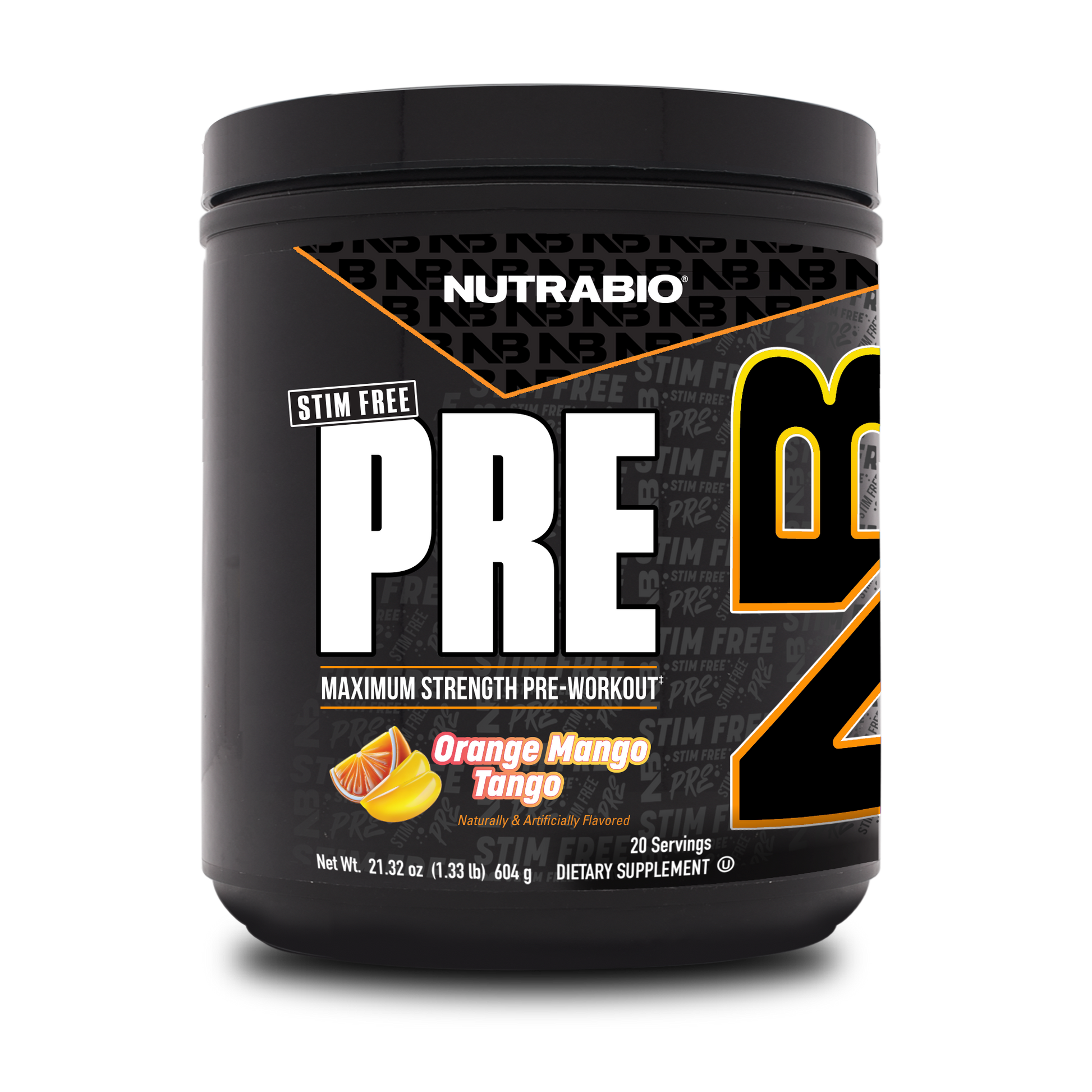A black container of NutraBio PRE Workout Stim Free, Orange Mango Tango flavor, features orange and mango images on the label. Provides 20 servings for strength and pumps. Net weight: 21.32 oz (604g).