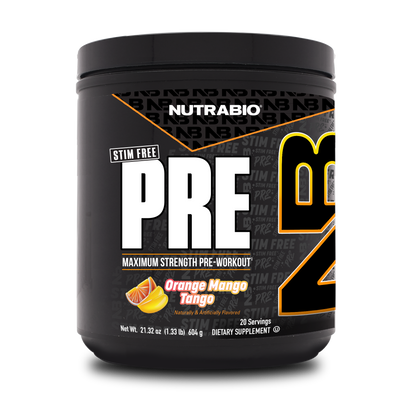 A black container of NutraBio PRE Workout Stim Free, Orange Mango Tango flavor, features orange and mango images on the label. Provides 20 servings for strength and pumps. Net weight: 21.32 oz (604g).