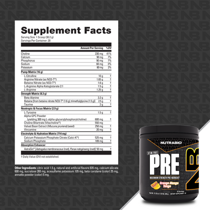 Supplement facts label for NutraBio PRE Workout Stim Free, an Orange Mango Tango flavor pre-workout with precise ingredient amounts for strength and muscle pumps. Comes in a black container with orange-yellow accents on a dark patterned background.