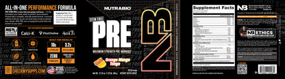 The NutraBio PRE Workout Stim Free supplement label in black and orange highlights product details, nutrition facts, muscle pump and strength benefits, key ingredients, Orange Mango flavor, certification badges, and a transparent ingredient promise.