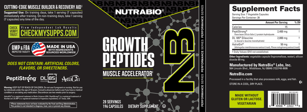 NutraBio Growth Peptides label in black, yellow, and white. Includes supplement facts, usage instructions, ingredients, certifications, and branding. Features muscle-building peptides to support enhanced recovery and muscle growth.