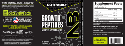 NutraBio Growth Peptides label in black, yellow, and white. Includes supplement facts, usage instructions, ingredients, certifications, and branding. Features muscle-building peptides to support enhanced recovery and muscle growth.