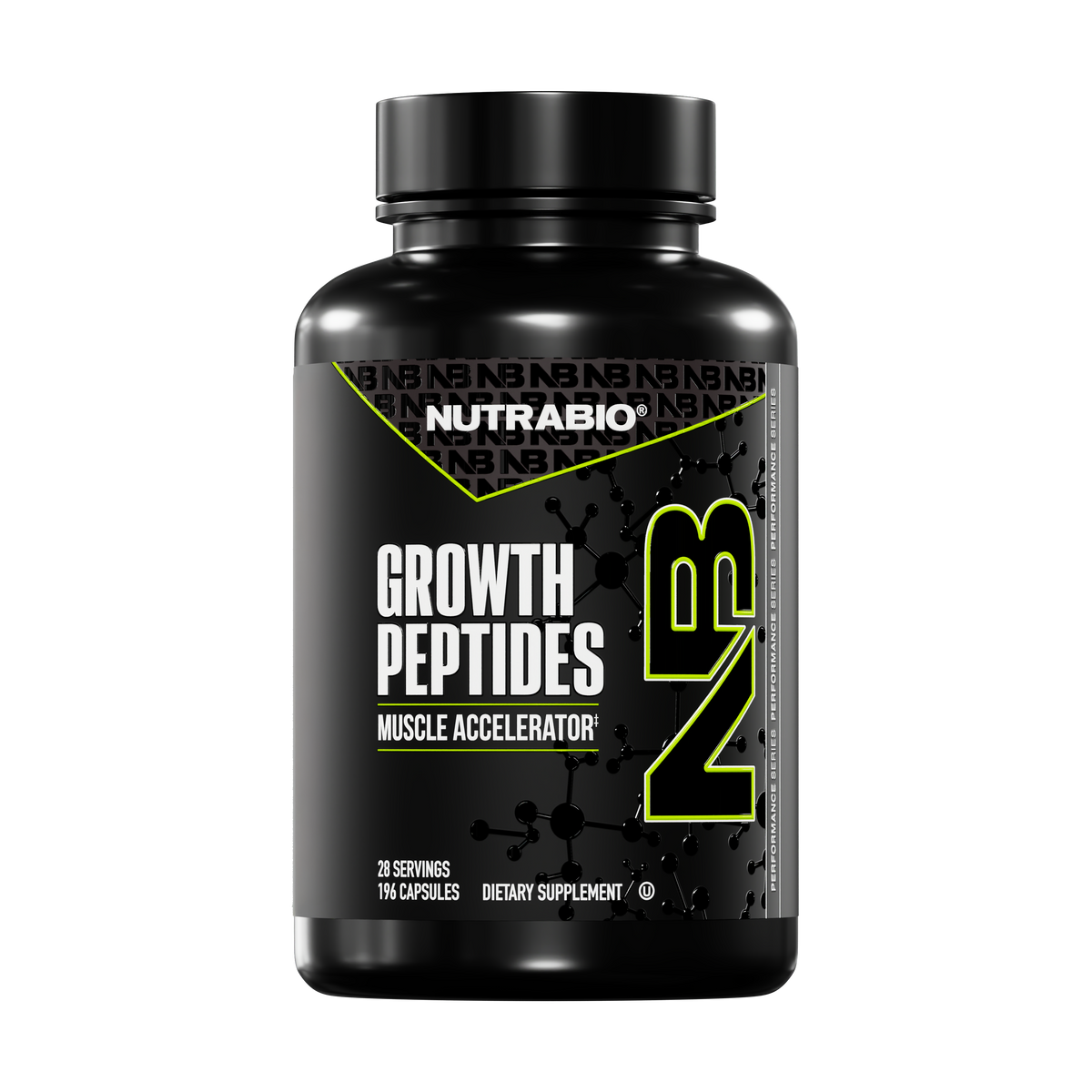 A black bottle of NutraBio Growth Peptides dietary supplement with NB branding contains 196 capsules (28 servings) and features advanced muscle-building peptides for enhanced recovery, shown against a plain white background.