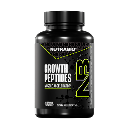A black bottle of NutraBio Growth Peptides dietary supplement with NB branding contains 196 capsules (28 servings) and features advanced muscle-building peptides for enhanced recovery, shown against a plain white background.