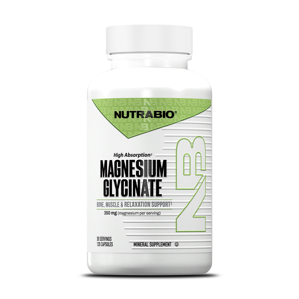 A white NutraBio Magnesium Glycinate bottle with a green and black label offers highly absorbable magnesium for bone health and muscle relaxation, featuring 120 capsules on the front.
