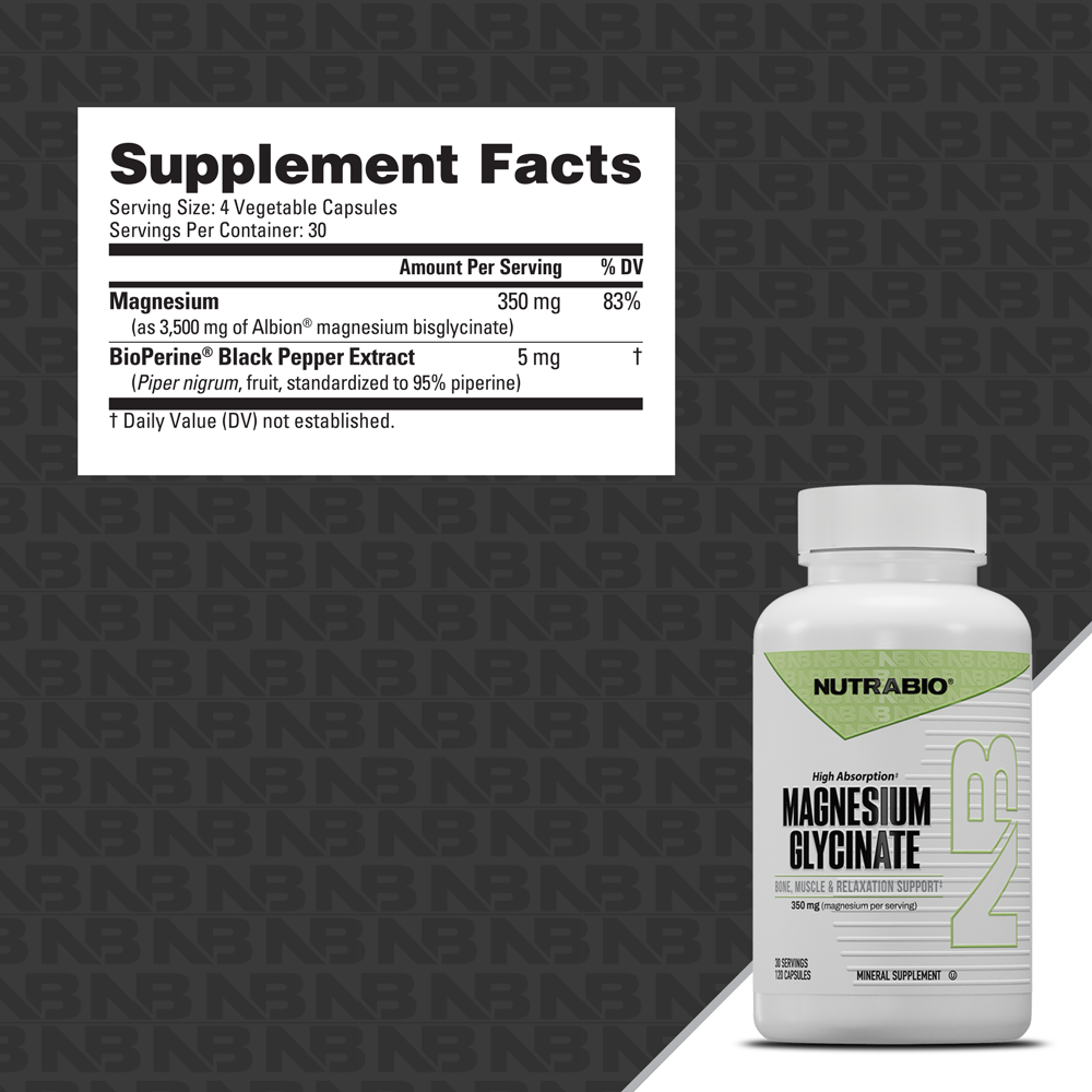 A NutraBio Magnesium Glycinate bottle is shown with a supplement facts label listing 350 mg magnesium and 5 mg BioPerine per 4-capsule serving. The background has a dark geometric pattern.