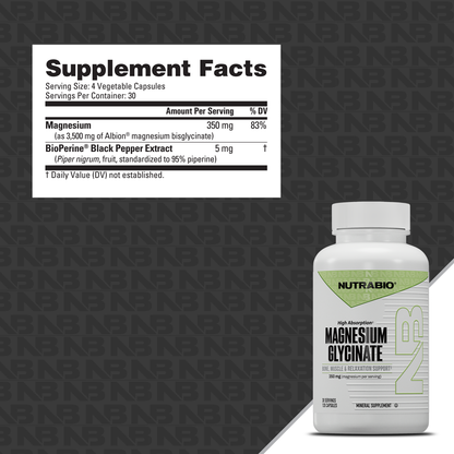 A NutraBio Magnesium Glycinate bottle is shown with a supplement facts label listing 350 mg magnesium and 5 mg BioPerine per 4-capsule serving. The background has a dark geometric pattern.