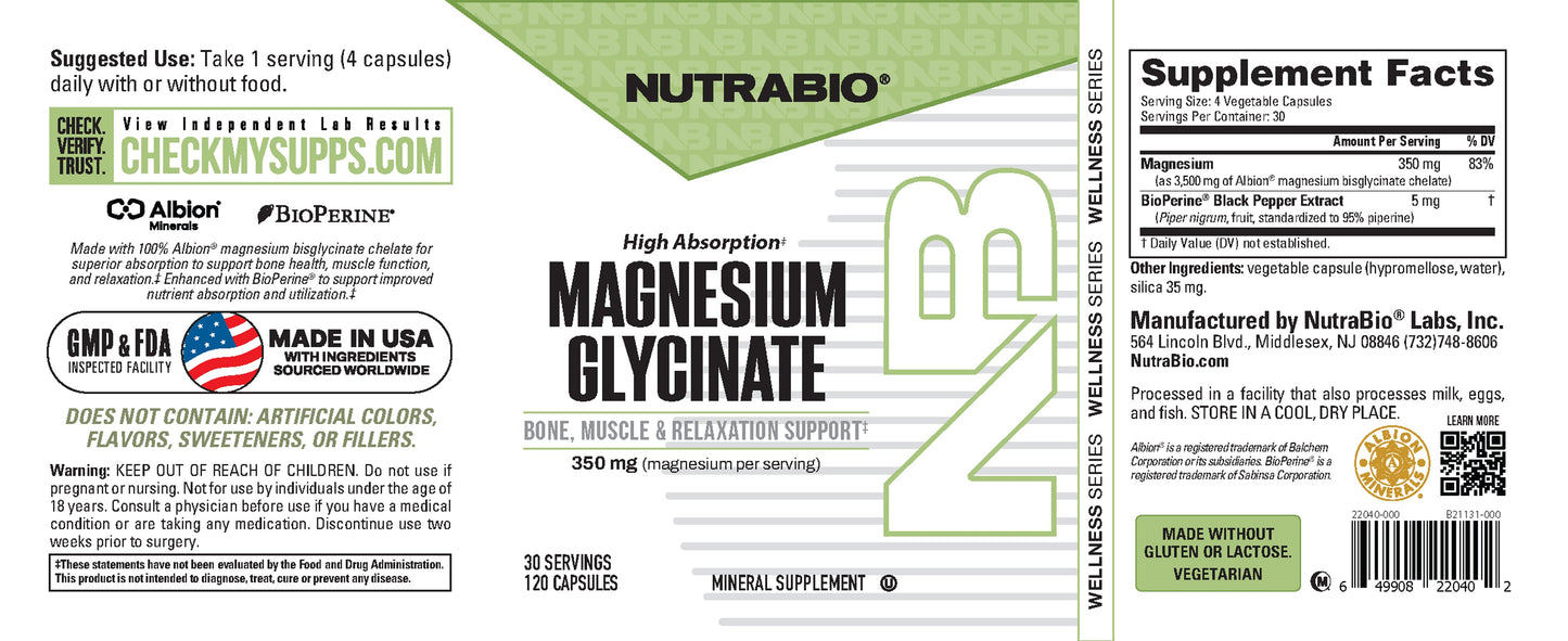 Front and back label of NutraBio Magnesium Glycinate bottle featuring highly absorbable magnesium for muscle relaxation, instructions, supplement facts, certifications, barcode, and details in black, green, and gray on white.