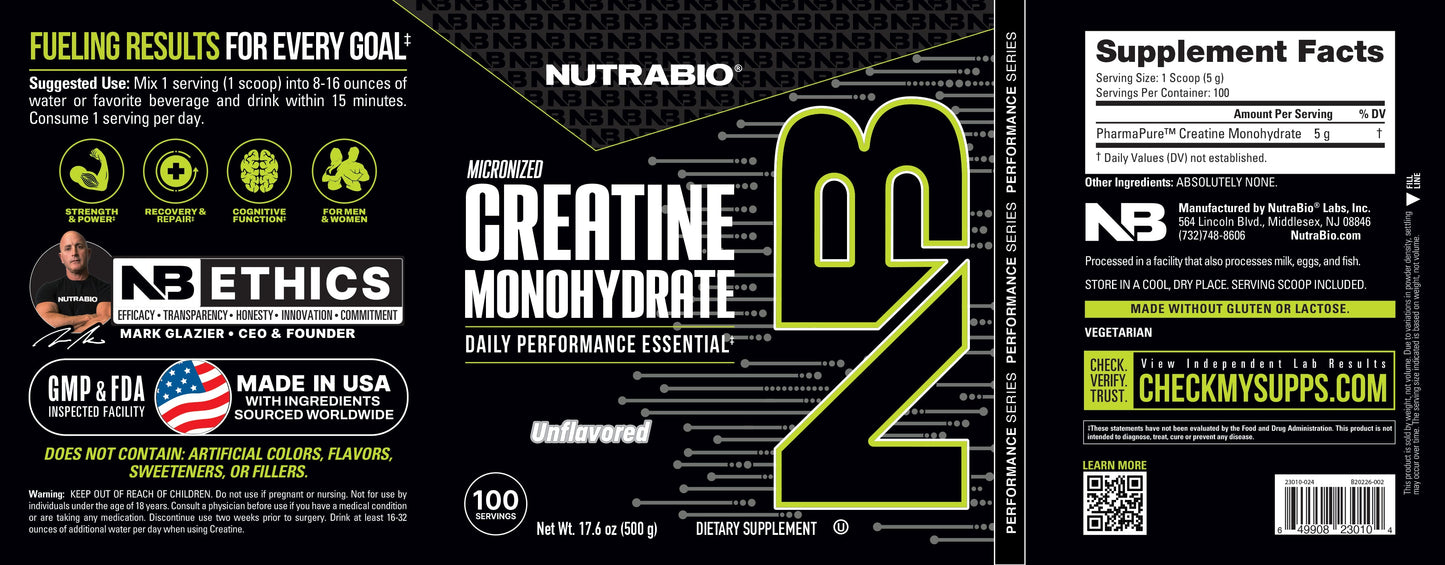 NutraBio Creatine Monohydrate Powder label in black and gray features white and green text, supplement facts, usage instructions, certifications, and bold CREATINE MONOHYDRATE lettering with premium micronized creatine.