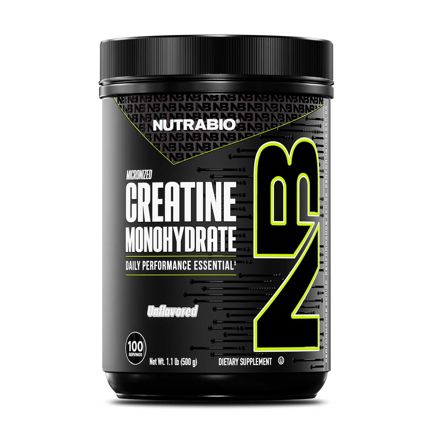 A black NutraBio container of Creatine Monohydrate Powder, unflavored dietary supplement, features bold yellow and white text and holds 1.1 lb (500 g).