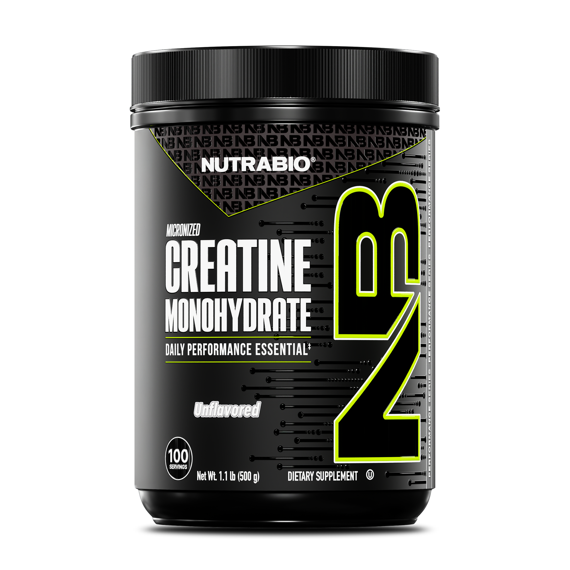 A black NutraBio container of Creatine Monohydrate Powder, unflavored dietary supplement, features bold yellow and white text and holds 1.1 lb (500 g).