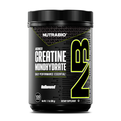 A black NutraBio container of Creatine Monohydrate Powder, unflavored dietary supplement, features bold yellow and white text and holds 1.1 lb (500 g).