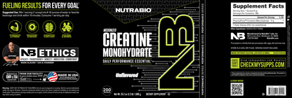 Black and yellow label for NutraBio Creatine Monohydrate Powder, showing supplement facts, benefit icons, NB Ethics, barcode, social media, serving details, micronized creatine ingredients, and company info.