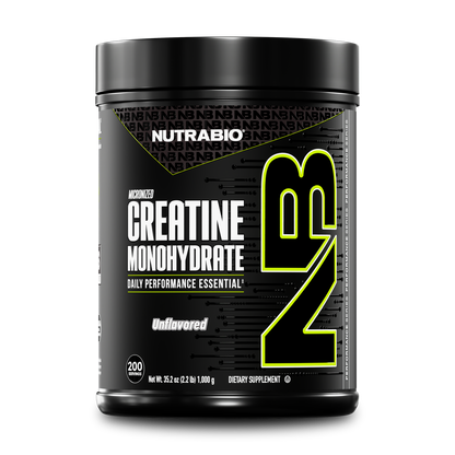 A black container of NutraBio Creatine Monohydrate Powder, unflavored, with bold NB lettering and text emphasizing this micronized creatine supplement as an essential for daily performance.