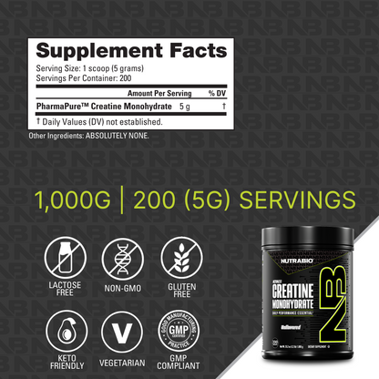 Supplement facts label for NutraBio Creatine Monohydrate Powder shows 1,000g micronized creatine and 200 servings per container. Icons indicate it's lactose free, non-GMO, gluten free, keto friendly, vegetarian, and GMP compliant.