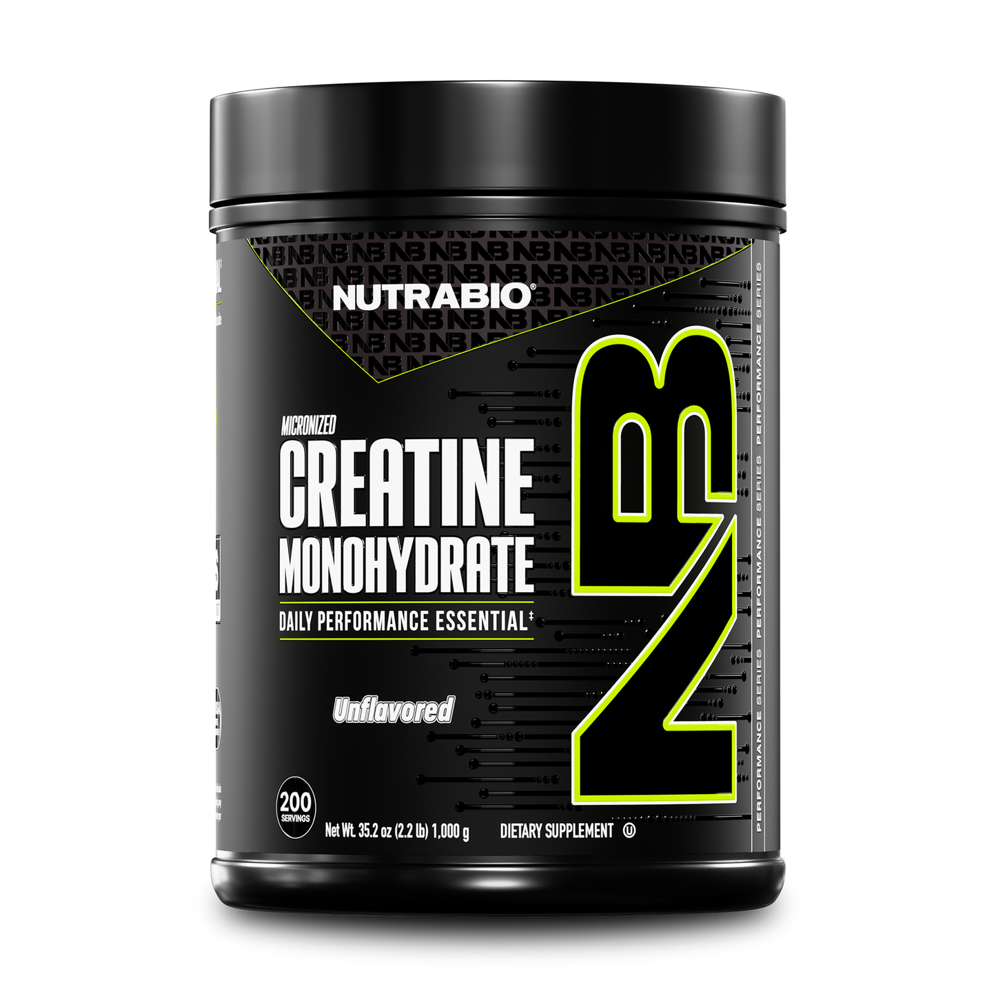 A black container of NutraBio Creatine Monohydrate Powder, unflavored, with bold NB lettering and text emphasizing this micronized creatine supplement as an essential for daily performance.
