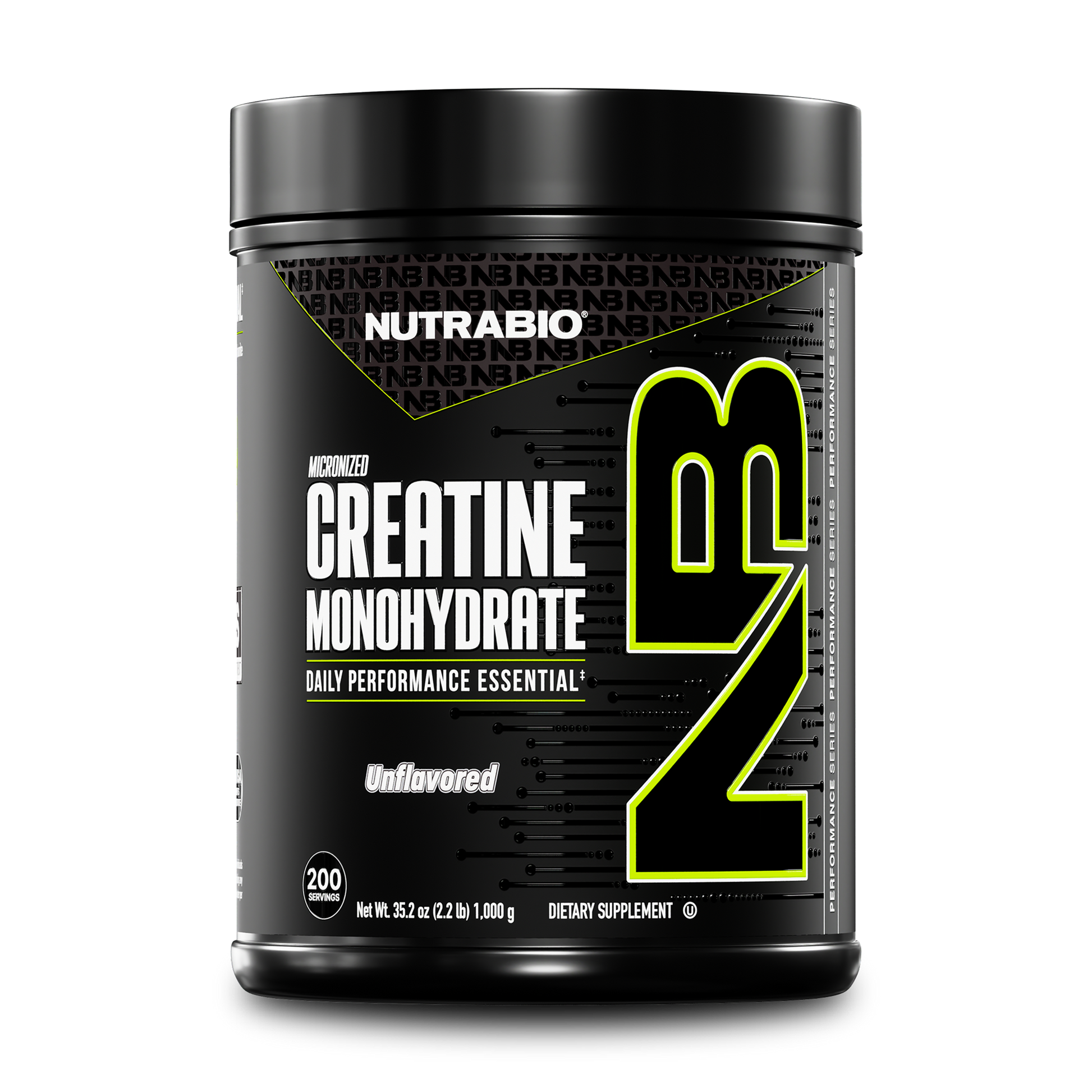 A black container of NutraBio Creatine Monohydrate Powder, unflavored, with bold NB lettering and text emphasizing this micronized creatine supplement as an essential for daily performance.