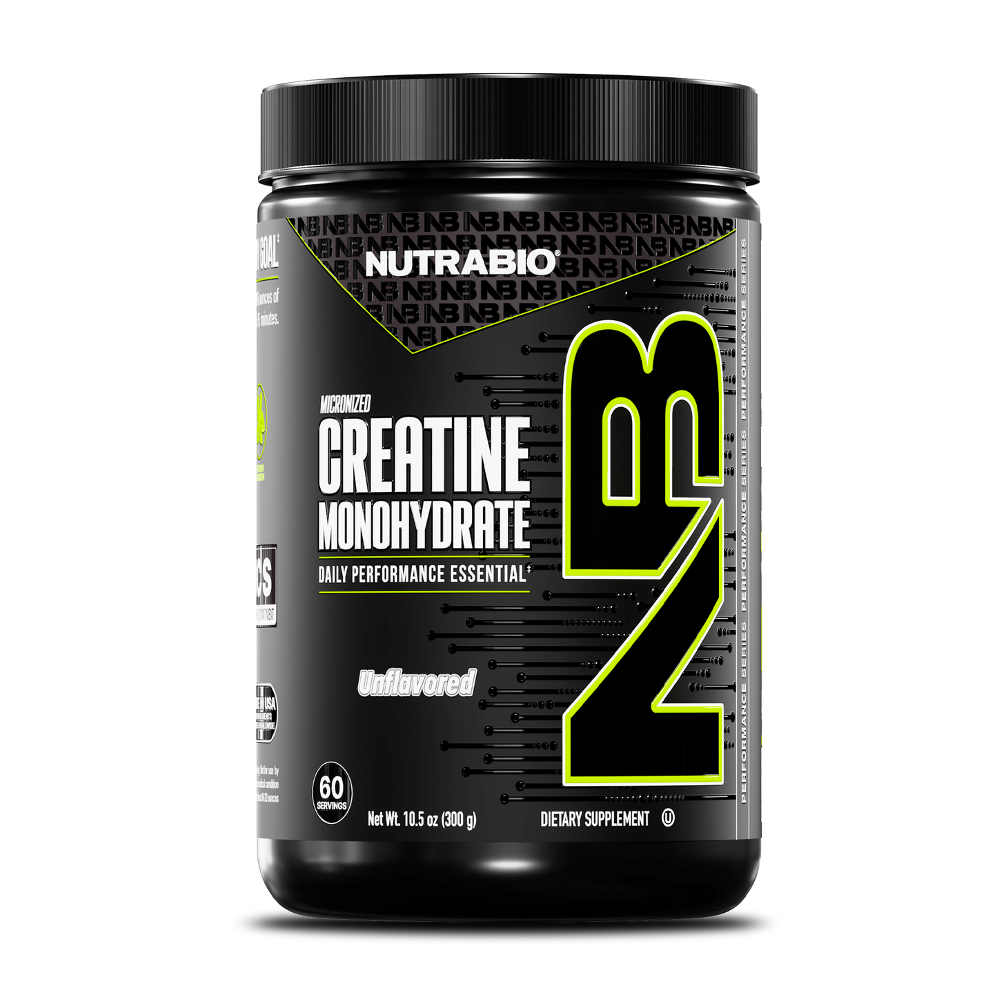 A black container of NutraBio Creatine Monohydrate Powder featuring bold "NB" lettering, labeled as unflavored, micronized creatine with 60 servings and marked as a dietary supplement on the front.