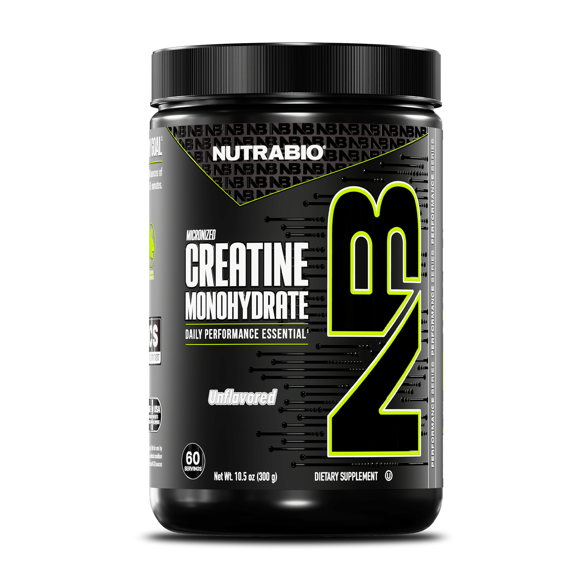 A black container of NutraBio Creatine Monohydrate Powder featuring bold "NB" lettering, labeled as unflavored, micronized creatine with 60 servings and marked as a dietary supplement on the front.