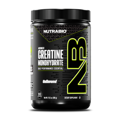 A black container of NutraBio Creatine Monohydrate Powder featuring bold "NB" lettering, labeled as unflavored, micronized creatine with 60 servings and marked as a dietary supplement on the front.