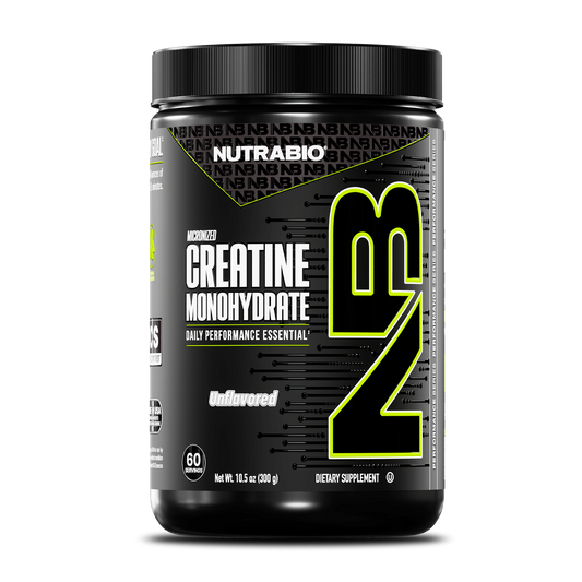 A black container of NutraBio Creatine Monohydrate Powder featuring bold "NB" lettering, labeled as unflavored, micronized creatine with 60 servings and marked as a dietary supplement on the front.