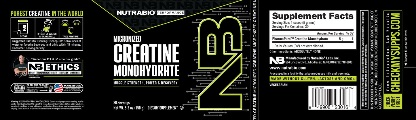 The tub label (including supplement facts and instructions for preparation) for NutraBio's Creatine Monohydrate Powder.