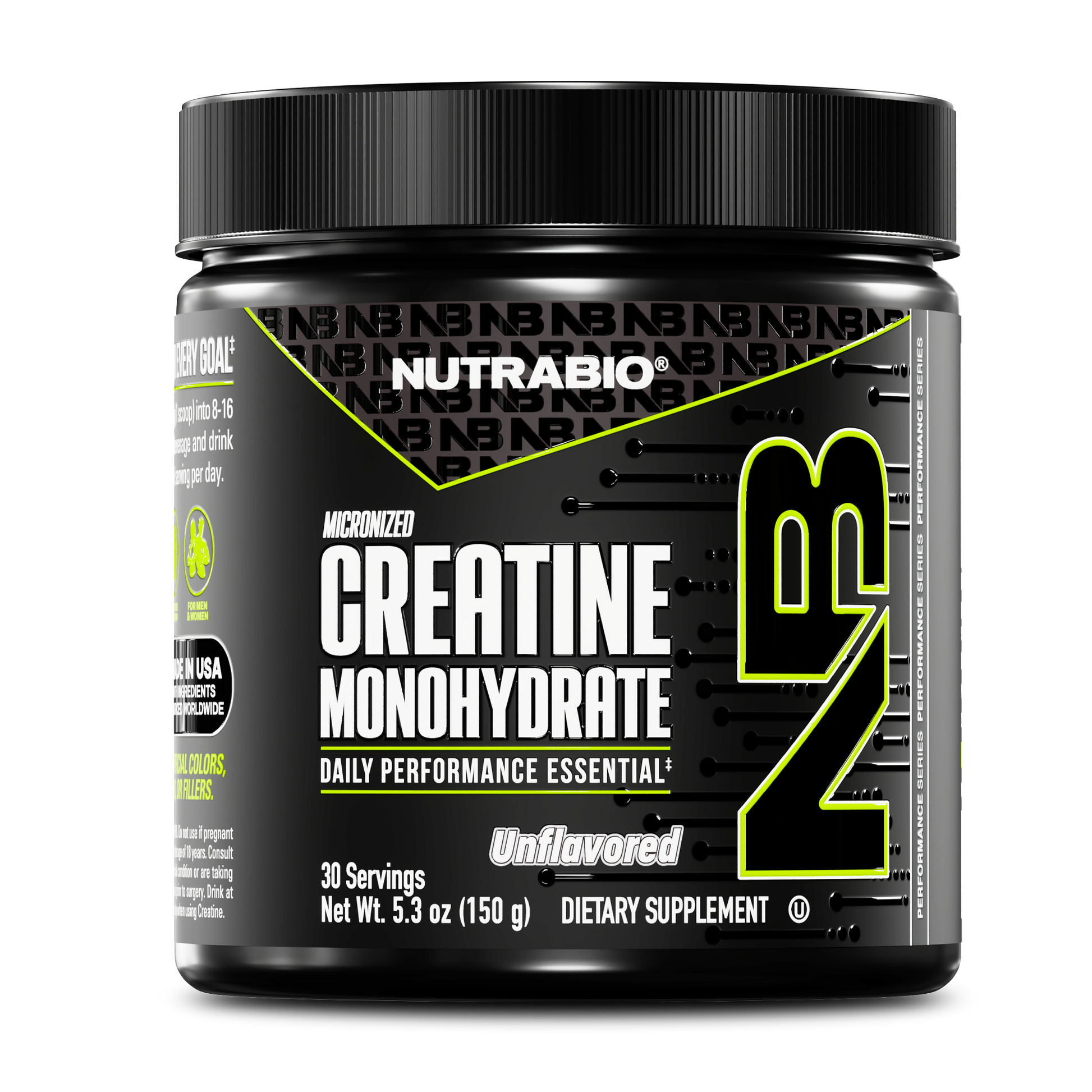 A black container of NutraBio Creatine Monohydrate Powder, unflavored with 30 servings (150g), is displayed on a white background. The label has bold white and green text.