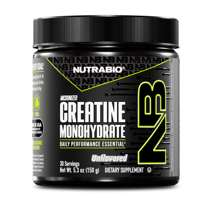A black container of NutraBio Creatine Monohydrate Powder, unflavored with 30 servings (150g), is displayed on a white background. The label has bold white and green text.