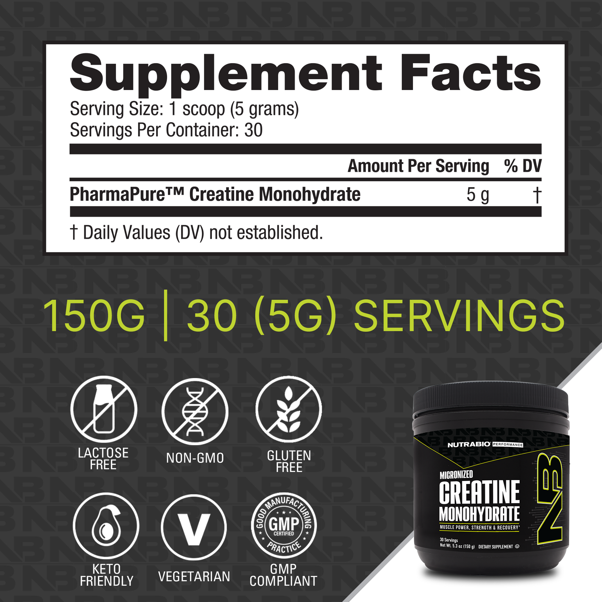 The supplement facts label for NutraBio's Creatine Monohydrate Powder.