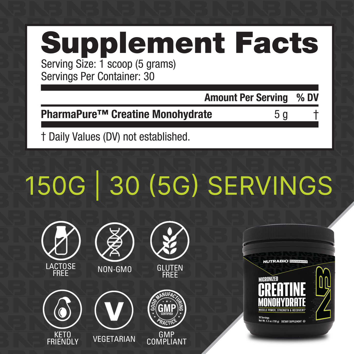 The supplement facts label for NutraBio's Creatine Monohydrate Powder.