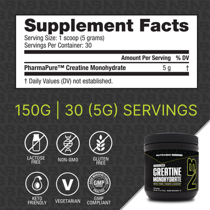 The supplement facts label for NutraBio's Creatine Monohydrate Powder.
