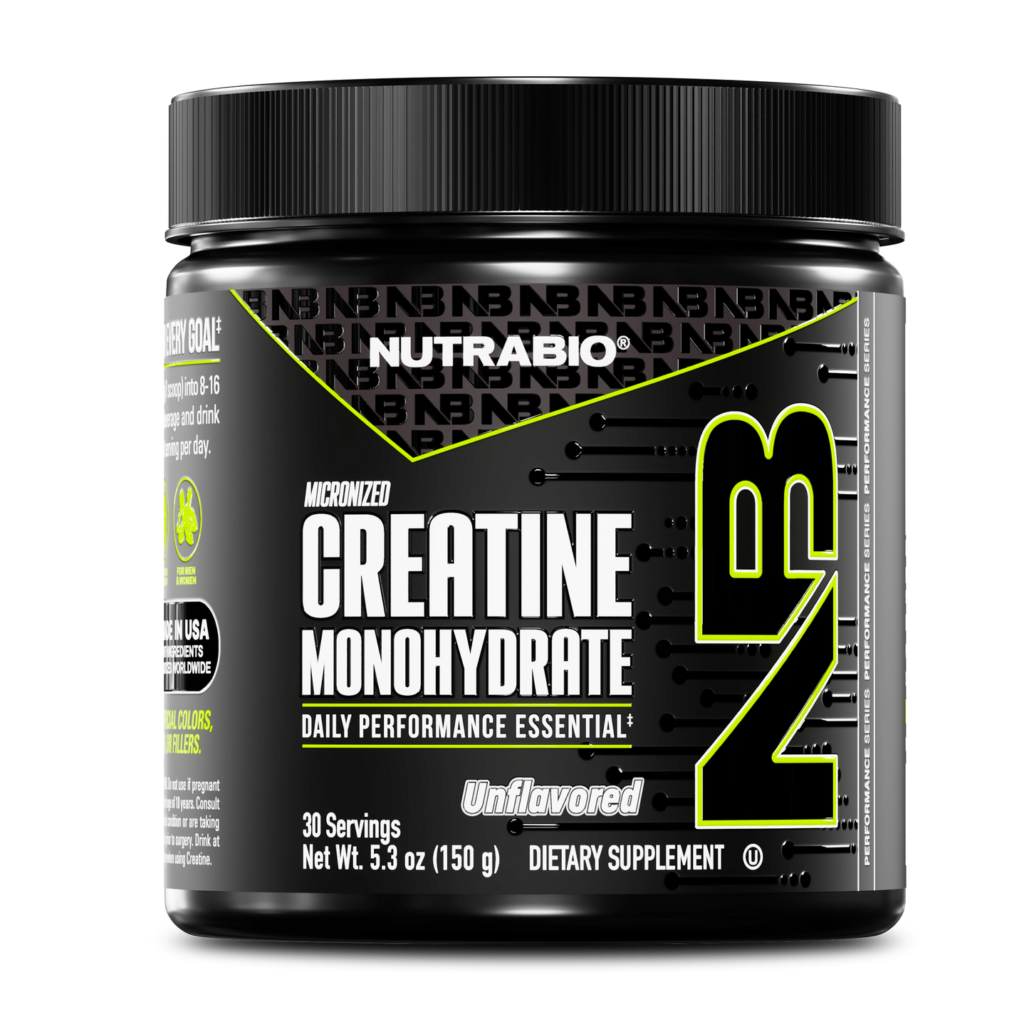A black container of NutraBio Creatine Monohydrate Powder, unflavored with 30 servings (150g), is displayed on a white background. The label has bold white and green text.