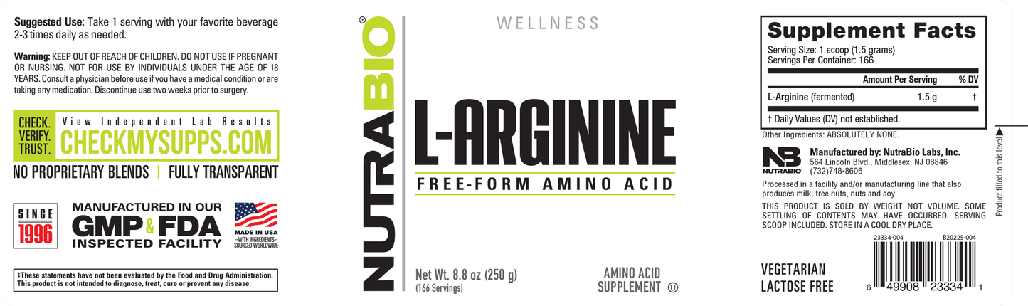 NutraBio L-Arginine Free-Form Amino Acid Powder 166 Servings