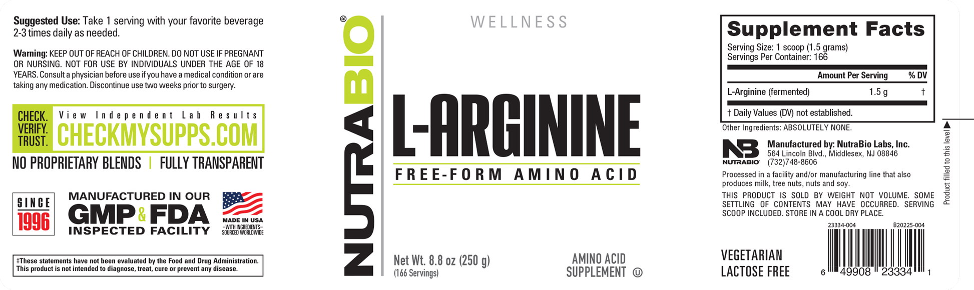 NutraBio L-Arginine Free-Form Amino Acid Powder 166 Servings
