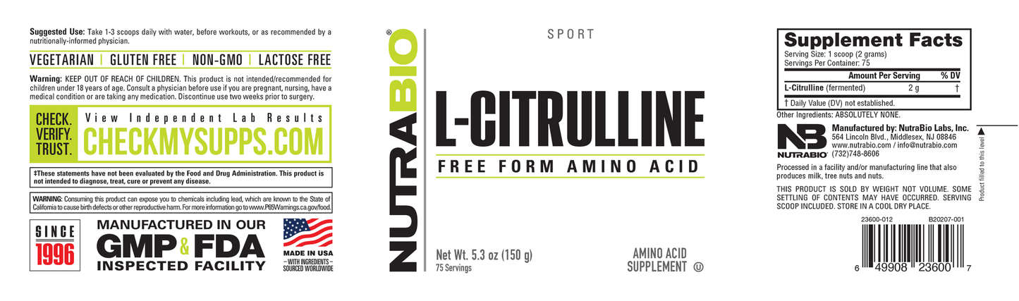 NutraBio L-Citrulline Powder 150 Grams