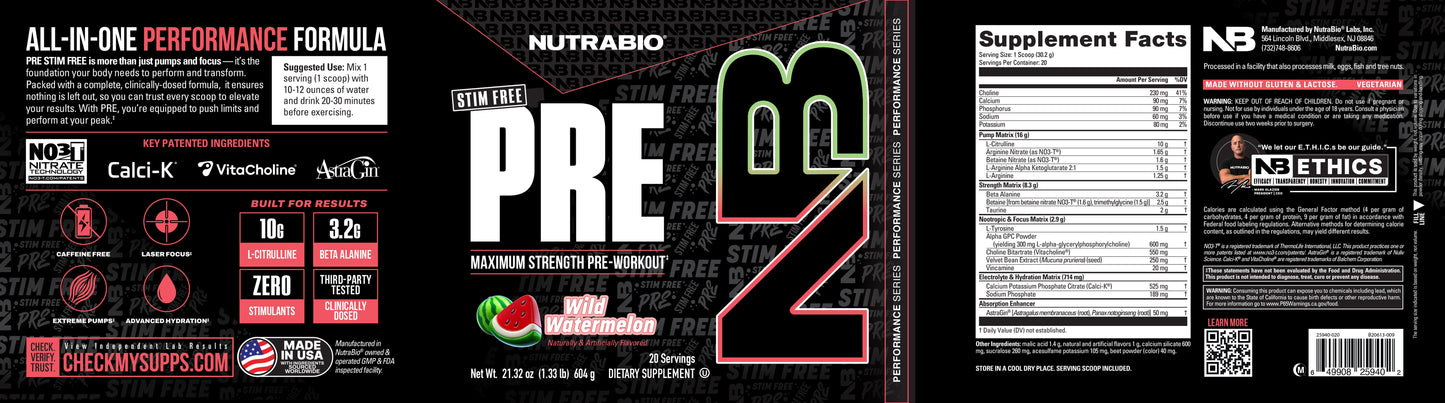 The tub label for NutraBio's watermelon flavored Stim-Free Pre Workout supplement, featuring the nutrition facts, directions, and more.