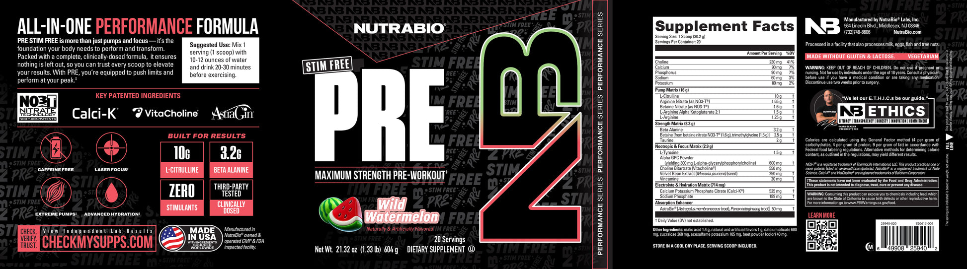 The tub label for NutraBio's watermelon flavored Stim-Free Pre Workout supplement, featuring the nutrition facts, directions, and more.