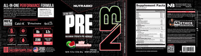 The tub label for NutraBio's watermelon flavored Stim-Free Pre Workout supplement, featuring the nutrition facts, directions, and more.