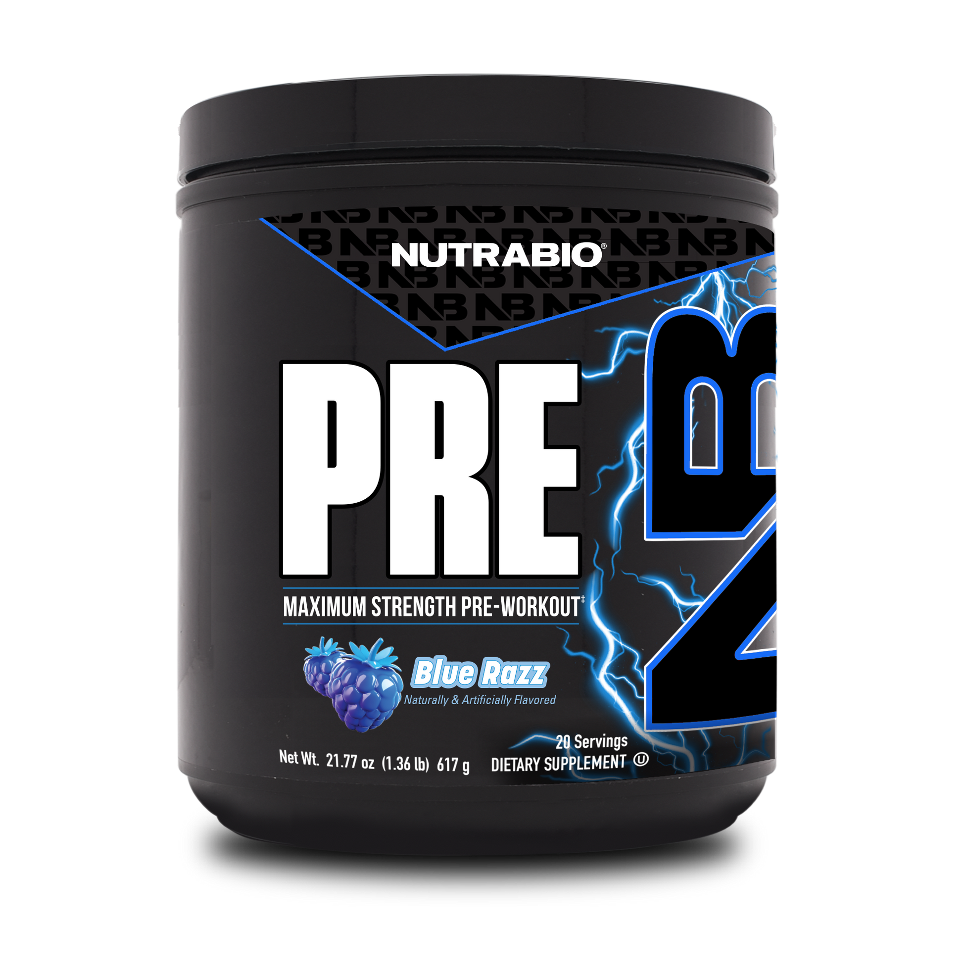 A black tub of NutraBio's Pre Workout supplement on a white background.