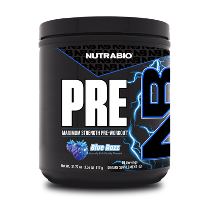 A black tub of NutraBio's Pre Workout supplement on a white background.