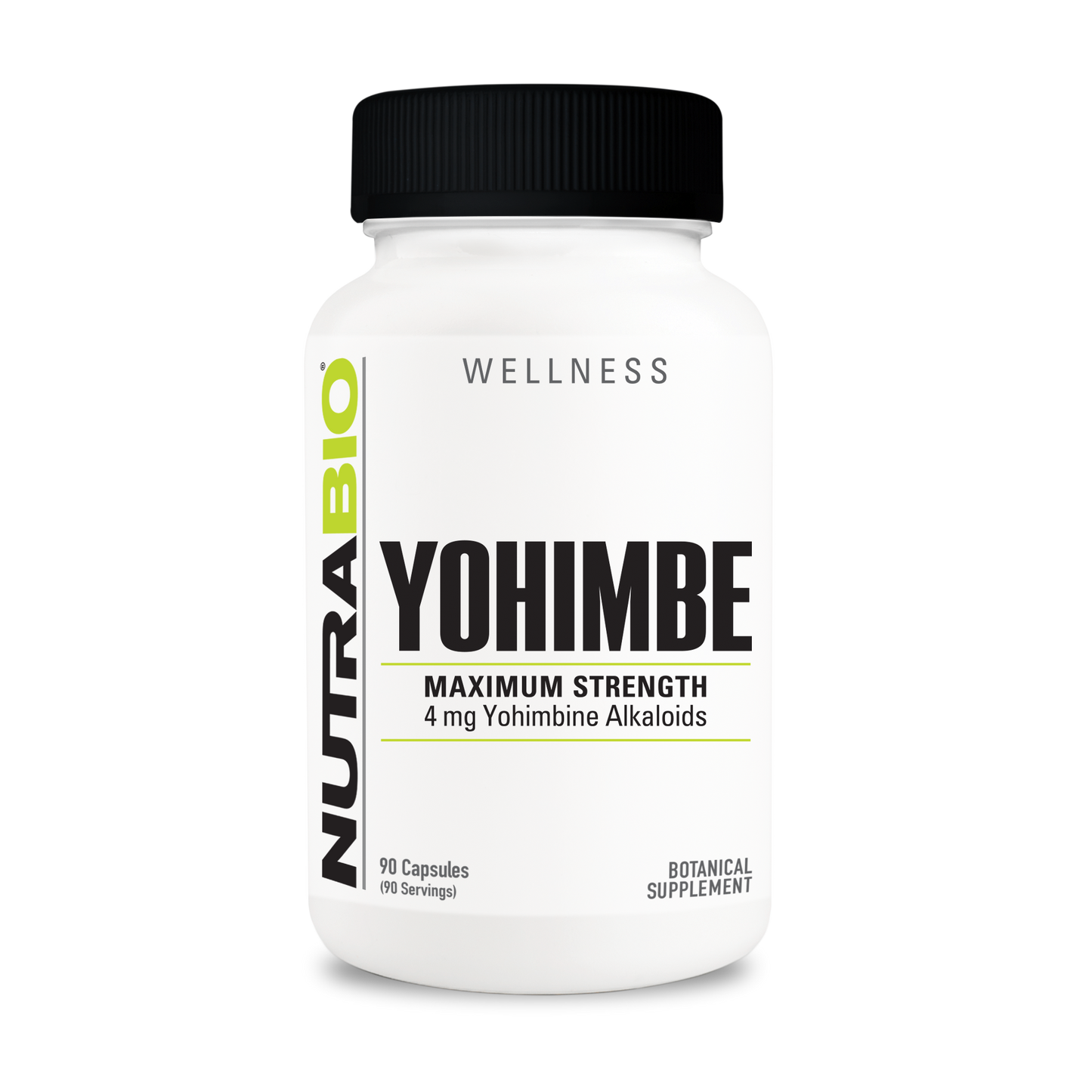 Yohimbe 4mg supplement capsules, bottle, energy & vitality, front view.