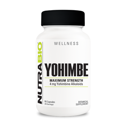 Yohimbe 4mg supplement capsules, bottle, energy & vitality, front view.