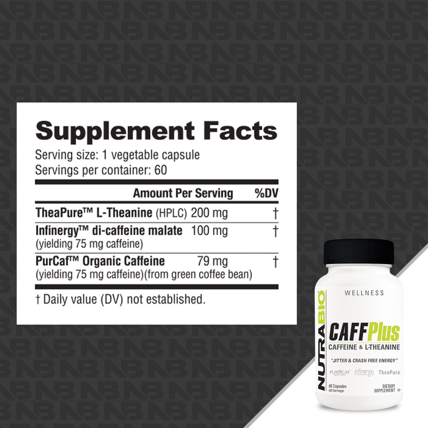 CaffPlus energy & focus supplement capsules, bottle, front view. Image 2 of 5.