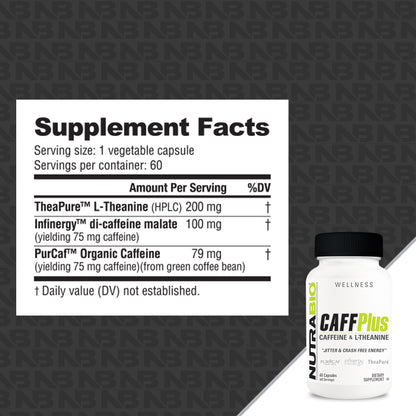 CaffPlus energy & focus supplement capsules, bottle, front view. Image 2 of 5.