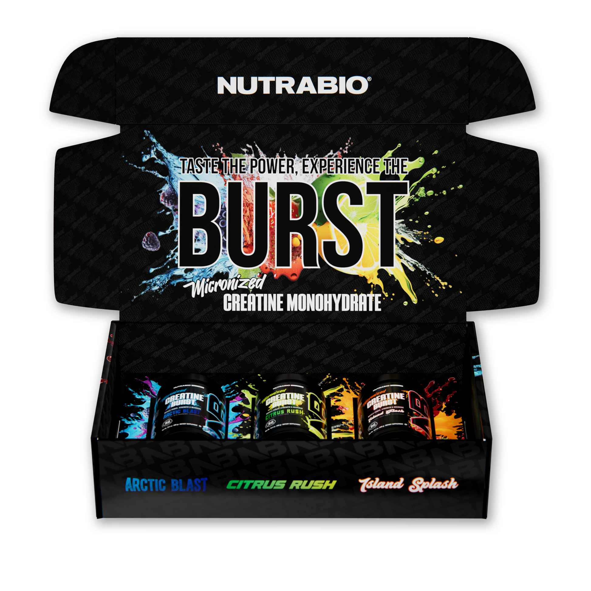 A black packet of NutraBio's Creatine Burst supplement on a white background.