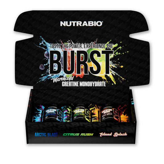 A black packet of NutraBio's Creatine Burst supplement on a white background.