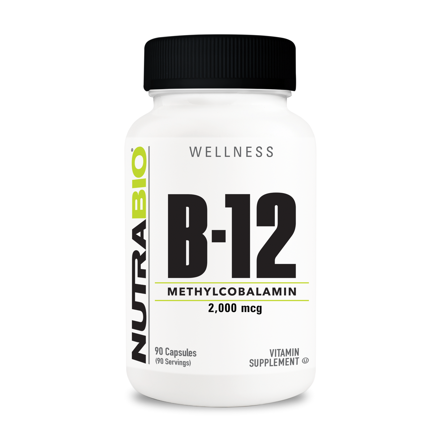 Methyl B12 2000mcg supplement capsules, front view of bottle, high potency vitamin B12 for energy & nerve health.