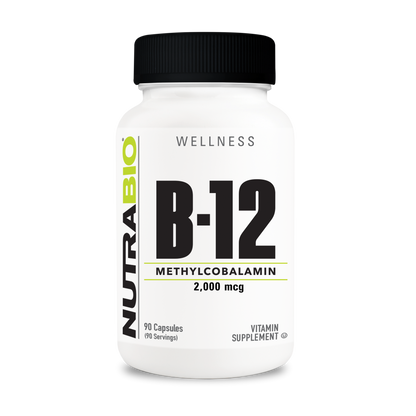 Methyl B12 2000mcg supplement capsules, front view of bottle, high potency vitamin B12 for energy & nerve health.